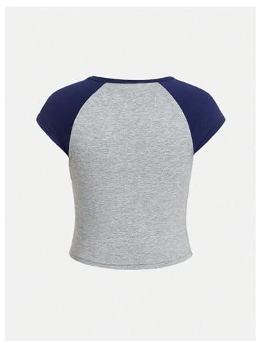 Girl's Number Jersey Notched V Neck T Shirt Color Block Short Sleeve Graphic Tee Slim Fit Crop Tops2