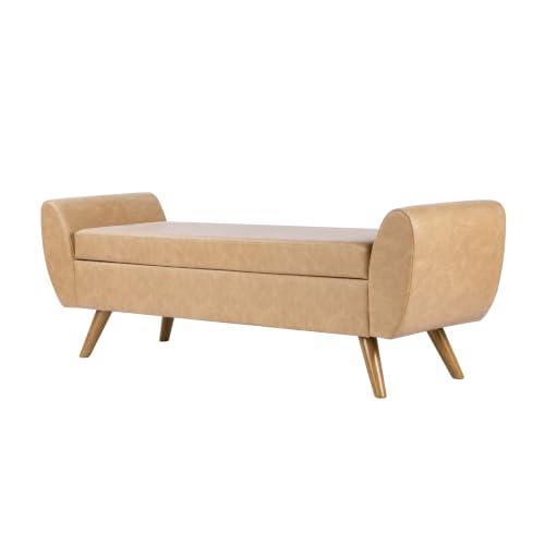 Image of HomePop 60 inch Modern Storage Bench with Wood Legs - Sand Faux Leather