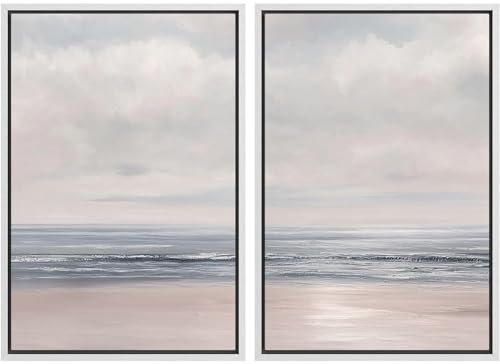 SIGNLEADER Framed Canvas Print Wall Art Calm Neutral Ocean Horizon Seascape Illustrations Modern Art Decorative Minimal Relax/Calm for Living Room, Bedroom, Office - 16"" x24 x2 White