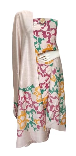 Image of Katan Slub Silk Unstitched Salwar Suit Dress Material for Women & Girls with Dupatta | Madhubani Screen Print | Top-2.5M, Bottom-2.5M, Dupatta-2.4M | Ethnic Wear | Code 243