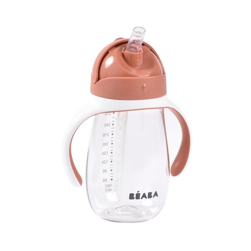 Béaba Taza de Aprendizaje con Boquilla para Bebe, Biberón hermético, Taza Antigoteo con pajita, Antiderrame, 2 en 1, Asas extraíbles, Resistente, Tritan y silicona, 300 ml, Terracota