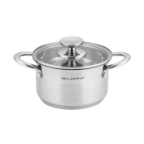 FLORINA Edelstahl Topf 1,9 l 16 cm Durchmesser I Energiesparender Kochtopf FALCON I Topf mit Glasdeckel und Messskala I 3-lagiger Boden gleichmäßige Wärmeverteilung I Ideal für alle Herdarten