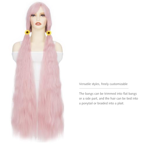 Image of Rose bud Rapunzel Wigs Long Wavy Curly Wig with Fringe Pink Wigs for Women Cosplay Costume Synthetic 39 inch Lolita Wig