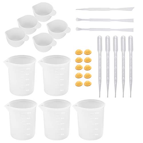 28 Pieces Silicone Cups and Tools Set Silicone Measuring Cups Mixing Cups Glue Tools Sticks Spoons Finger Cots Droppers for Epoxy Resin Casting Molds Slime Art Waxing