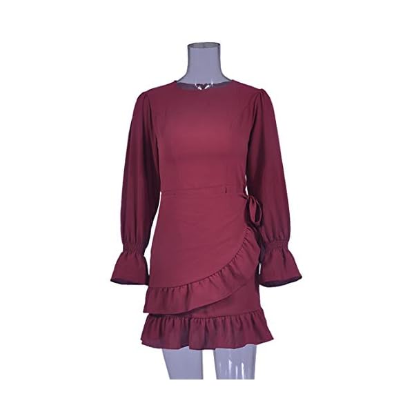 WEEPINLEE Womens Long Sleeve Round Neck Ruffles Wrap Dresses Party Dress (Wine Red, M)
