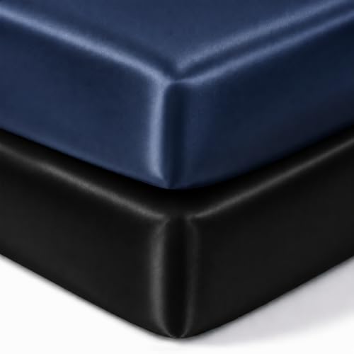Image of Pro Goleem Satin Mini Crib Sheets 2 Pack, Blue & Black Silky Soft Fitted Sheet for Baby Hair Protection, 38 inchx24 inchx5 inch Breathable Mattress Cover Compatible with Pack n Play & Portable Crib