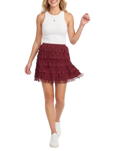 OctMoon Women's Fringe Mini Skirt with Cutout Waist Flowy Dressy Cocktail Party Holiday Skirt in Wine Red - XXL