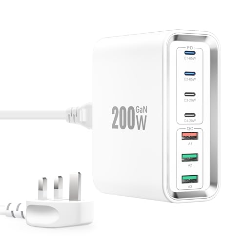 USB C Plug, 200W GaN 7-Ports Fast Charging Station Hub-Mutil Wall Charger with PD 65W USBC Charger+ 18W QC Power Desktop Charger for MacBook, iPads, iPhone 16/15/14, USB C Laptops,Steam Deck, Samsung USB C Plug, 200W GaN 7-Ports Fast Charging Station Hub-Mutil Wall Charger with PD 65W USBC Charger+ 18W QC Power Desktop Charger for MacBook, iPads, iPhone 16/15/14, USB C Laptops,Steam Deck, Samsung