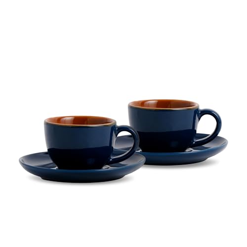 Image of Shay Ceramic Espresso Cup Set, Set of 2, 100ml, Midnight Blue | Espresso Cup and Saucer | Glossy Finish | Microwave Safe (Espresso Set, Midnight Blue)