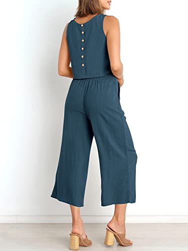 Image of ANRABESS Women's Summer 2 Piece Outfits Sleeveless Tank Crop Button Back Top Cropped Wide Leg Pants Set Pockets