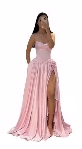 Strapless Satin Prom Dresses for Teens Long Junior Bridesmaid Dresses with Silt