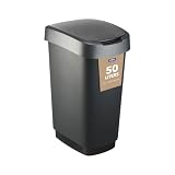 Rotho Twist Mülleimer Küche 50 L schmaler Mülleimer mit Deckel PP Silber