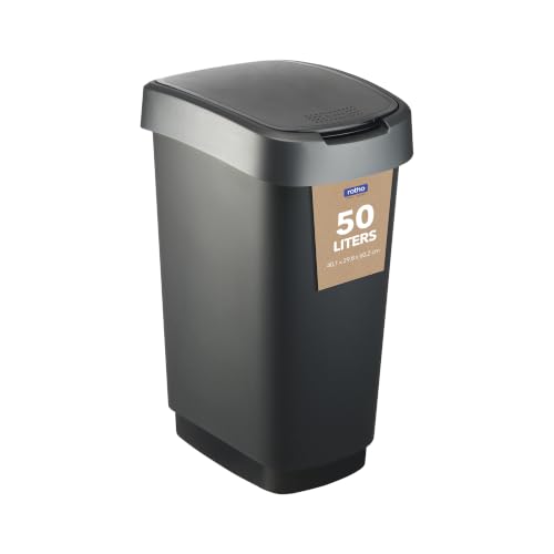 Rotho Twist Mülleimer Küche 50 L schmaler Mülleimer mit Deckel PP Silber