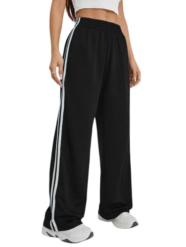 Woman's Wide Leg Trousers with Dual Side Strips | Elastic High Waist Track Pants for Woman | Casual Regular Fit for Sports, Workout, Running, Gym, Tra