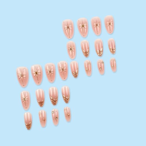 Image of Gold Press on Nails French Tip Fake Nails Nude Glossy False Nail with Rhinestone Design Star Glue on Nails Reusable Artificial Acrylic Full Cover Stick on Nail for Women Manicure 24Pcs