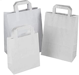 MARENT Pack of 100 White Kraft Paper Gift Bags with Flat Handles | Ideal for Gifts, Party, Shopping, Packaging, Wedding |21.5cm x 25.5cm x 11.5cm