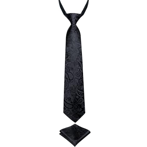 DiBanGu Cravate pré-nouée en soie et carré de poche pour garçons de 7 à 15 ans, Noir , taille unique