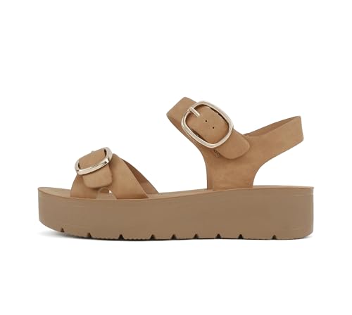 Soda Jolin ~ Women Crisscross Band Low Platform Sandals with Buckle Straps (Coffee Nubuck 6)