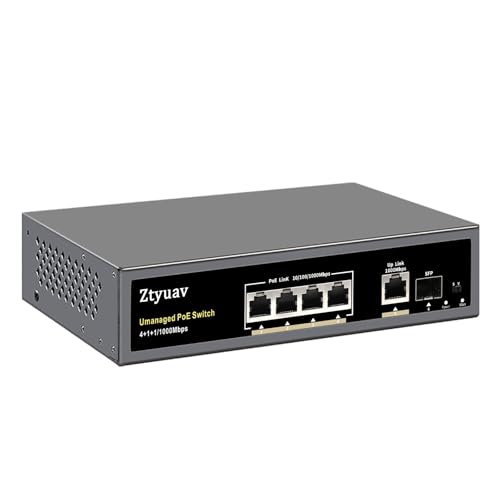 Ztyuav 6-Port Full Gigabit Unmanaged PoE Switch with 4 PoE+ Ports @75W, 1 Uplink and 1 SFP Slot-IEEE802.3af/at, PD Auto-Detection, VLAN Mode, 6KV Protection, Metal Fanless Plug and Play