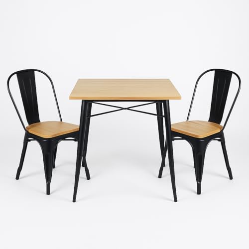 Kosmi Ensemble Table et Chaises Style Industriel, Métal Noir Mat et Bois Naturel, 60x60 à 160x80 cm, Design Factory, pour Salle à Manger et Restaurant (Bois Clair,...