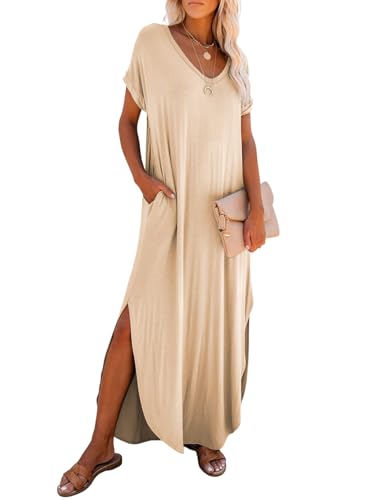 Image of Dokotoo Summer Dresses for Women 2026 Casual Maxi Dress V Neck Cap Sleeve Long Sundress with Pockets Beach Vacation