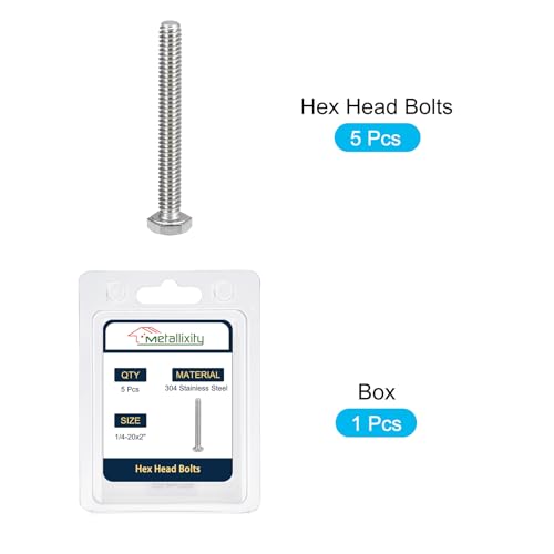 Image of METALLIXITY Hex Head Bolts (1 /4-20 x 2) 5Pcs, 304 Stainless Steel 18-8, Fully Threaded, External Hex Drive, Plain Finish, Hex Head Screw Bolt, Silver