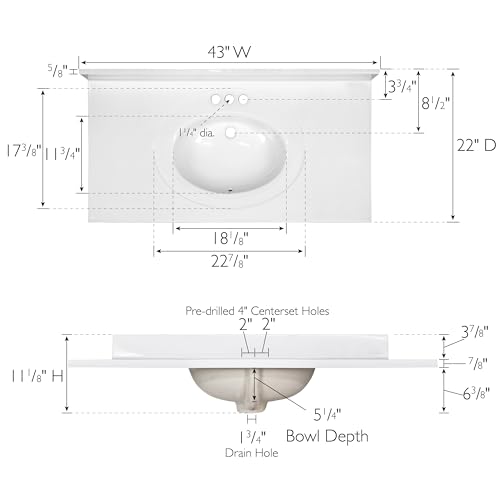 Image of Design House Cultured Marble Vanity Top, 43 in W x 22 in D, Integrated 4 in Centerset Oval Sink & Backsplash, Solid White, 586156