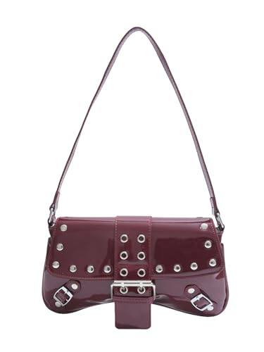 MakeMeChic Women's Faux Leather Buckle Shoulder Bag Top Handle Studded Y2k Handbags Underarm Bags