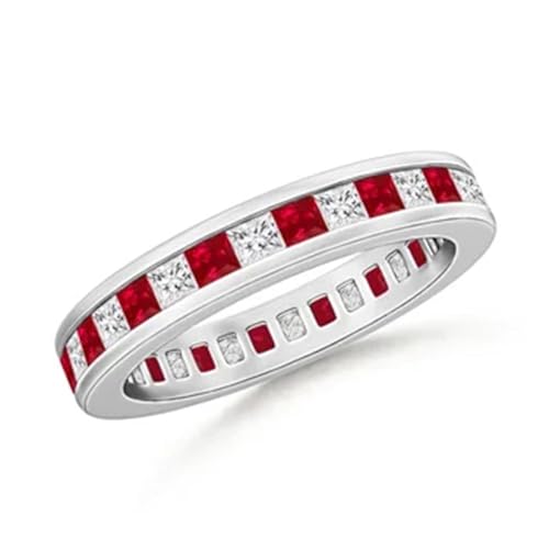 SILVER_MINE 2.25Ct Princess Cut Red Ruby CZ Diamond Women's Channel Set Full Eternity Ring in 14K White Gold Plated 925 Sterling Silver