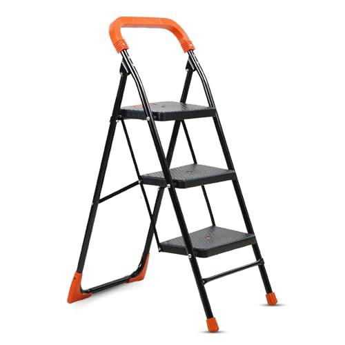 Image of BRANCO Heavy Duty Folding Ladder with Wide Steps | Lifestyle 3 Steps Foldable Ladder | High Strength Long Durable for Home, Kitchen | (Black & Orange)