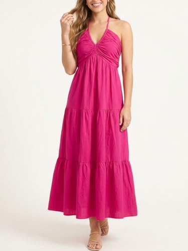 Image of Women's Casual Halter Tiered Vacation Maxi Dress with Pockets