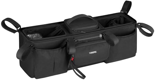 YOREPEK Padded Double Stroller Organizer with Removable Cooler Bag,Fits for Bob Duallie,Baby Jogger City Mini GT2 and Jeep, Large Capacity Stroller Caddy Attachment, Double Baby Stroller Accessories