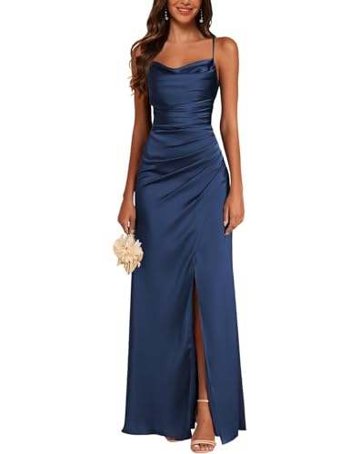 JAEDEN Satin Brautjungfernkleid Spaghettiträger Ballkleider Lang mit Schlitz Meerjungfrau Falte Abendkleider Marineblau 40
