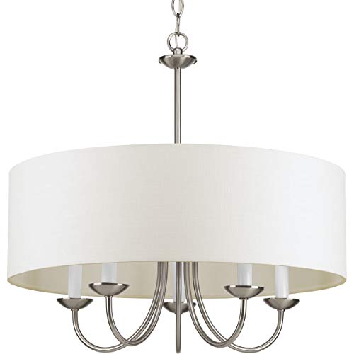 Image of Progress Lighting Drum Shade Collection Five-Light Chandelier, Farmhouse Style Hanging Ceiling Light Fixture for Dining Rooms, Foyers, White Textured Linen Shade, Brushed Nickel