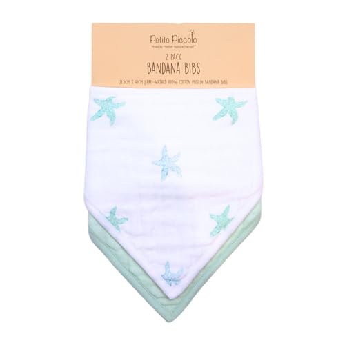 Petite Piccolo Muslin Baby Bibs, 2 Pack, Dribble Bandana Bibs, 100% Cotton, Drool Bibs, Soft and Absorbent, 21.5cm x 41cm