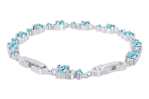 Affy 14K White Gold Over Sterling Silver Leaf Shape Tennis Bracelet Round Shape Simulated Aquamarine 7.25" #TOP1