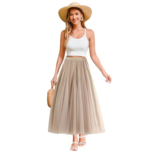 Women’s Tulle Midi Long Skirts, Elastic High Waist Pleated Mesh Flowy A-Line Long Tutu Fairy Skirt2