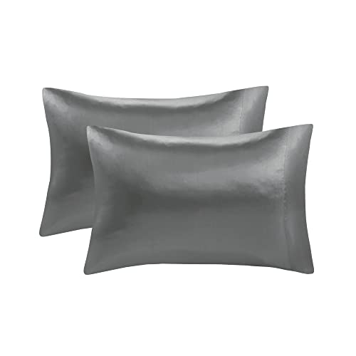 Image of Madison Park Essentials Satin Sheets Full Size Bed Set, 6 Piece, Grey | Luxury and Smooth Silky Bedding with Natural Sheen, All Around Elastic 14 inch Pocket fits up to 16 inch Mattress, Year-Round Cozy