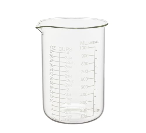 Ackers Etched Graduated Glass Measuring Cup - V-Shaped Spout- High Borosilicate Glass Measuring Cup for Kitchen or Dining, Easy to Read,1000 ML (32 Oz, 4 Cup)