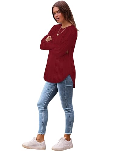 Image of Saloogoe Long Sleeve Shirts for Women 2025 Fall Clothes Tunic Tops Loose Fit Dressy Crewneck Pullover Sweaters Curved Hem