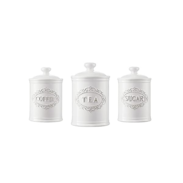 Relief Vine TAWCHES Ceramic Canisters Sets For The Kitchen Canisters For Countertop Set of 3 Airtight Coffee Canisters For Ground Coffee Sugar Container Tea Storage Jars With Lids Farmhouse Decor, White