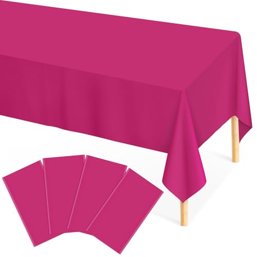 Image of Mulbozy Rose Pink Plastic Tablecloth Disposable 4 Pack, 54 x 108 Inch Table Cloths Rectangle, Hot Pink Plastic Tablecover for Party Decor