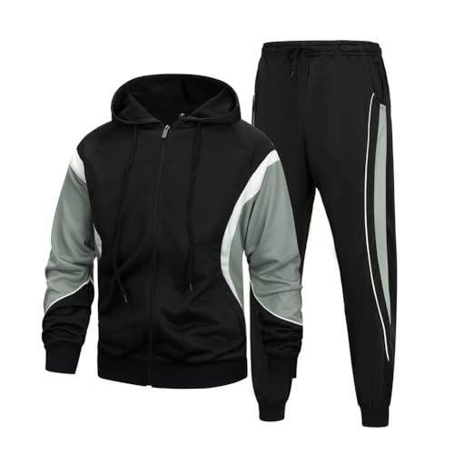 TOLOER Chándal deportivo con capucha para hombre, 2 piezas, con cremallera completa, manga larga, cordón ajustable, para correr, estilo casual, Negro Gris, X-Large