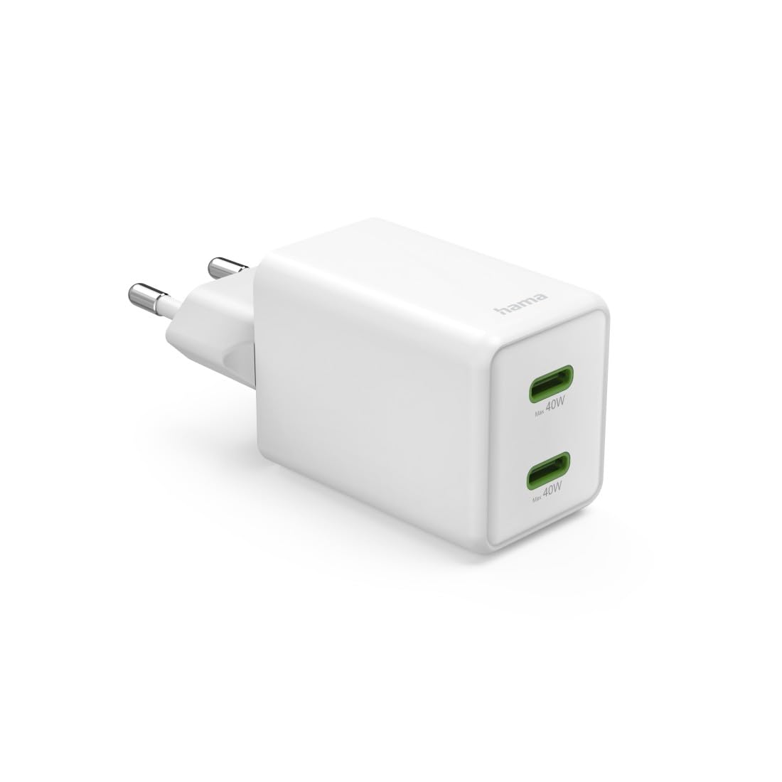 Hama Schnellladegerät, 40W (Ladegerät mit 2X USB C, unterstützt Power Delivery und Qualcomm Quick Charge, Zwei Geräte gleichzeitig Laden, superklein und kompakt, GaN Charger, akkuschonend) weiß