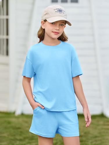 Image of Haloumoning Girls Summer 2 Piece Outfits Kids Oversized T Shirts and Shorts Clothing Sets 5-14 Years