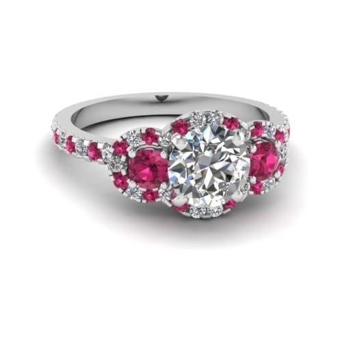 Image of 55Carat Choose Your Gemstone Delicate 3 Stone Halo Diamond CZ Ring Sterling Silver Round Shape Halo Engagement Rings Everyday Jewelry Wedding Jewelry Handmade Gifts for Wife US Size 4 to 12