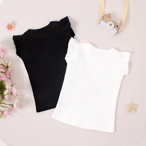 Magic Park 2-6Y Baby Girl Ribbed T Shirt Toddler Girls Knit 2-Piece Tee Tops Kids Solid Color Ruffle Blouse2
