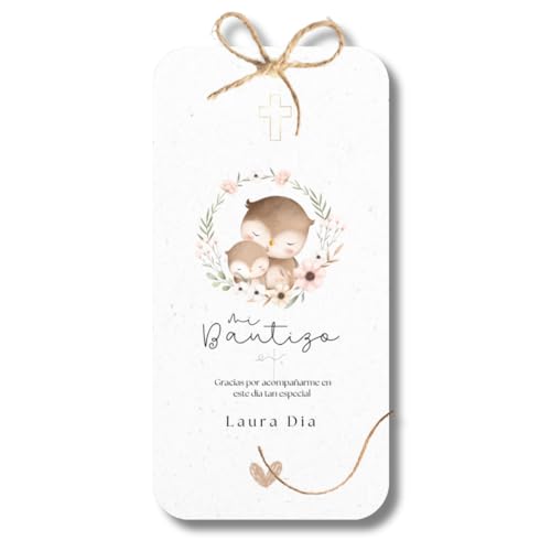 Etiquetas Personalizadas para Bautizo, Baby shower, comuniones o cumpleaños 5x8 cm – Pack 24 Unidades con Cuerda de Yute – Papel 200 g Brillante o Mate – Recuerdos para Invitados (EFECTO BRILLANTE)