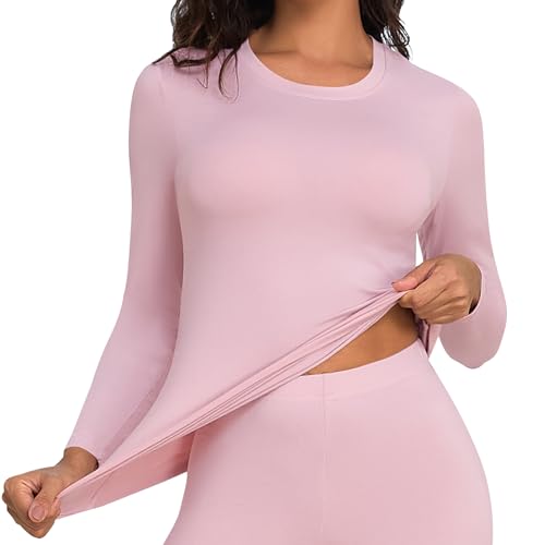DHSO Long Sleeve Thermal Shirt For Women Fleece Lined Undershirt - Soft Warm Base Layer Tops Cold Weather Dark Pink Medium