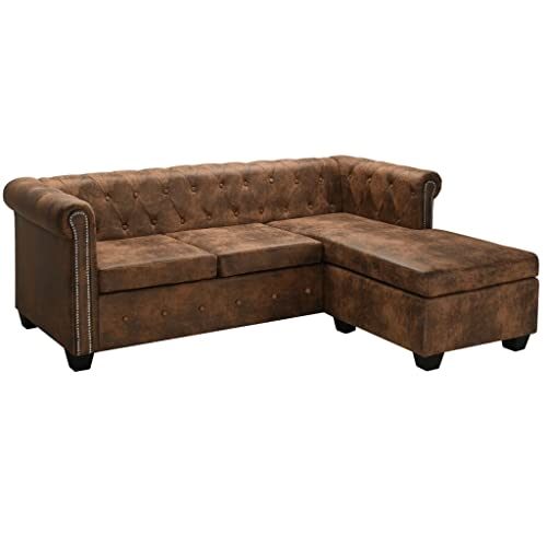 vidaXL Canapé Chesterfield en Forme de L Cuir Daim Synthétique Marron Sofa
